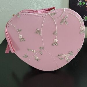 Pink Floral Embroidered Heart-Shaped Bag